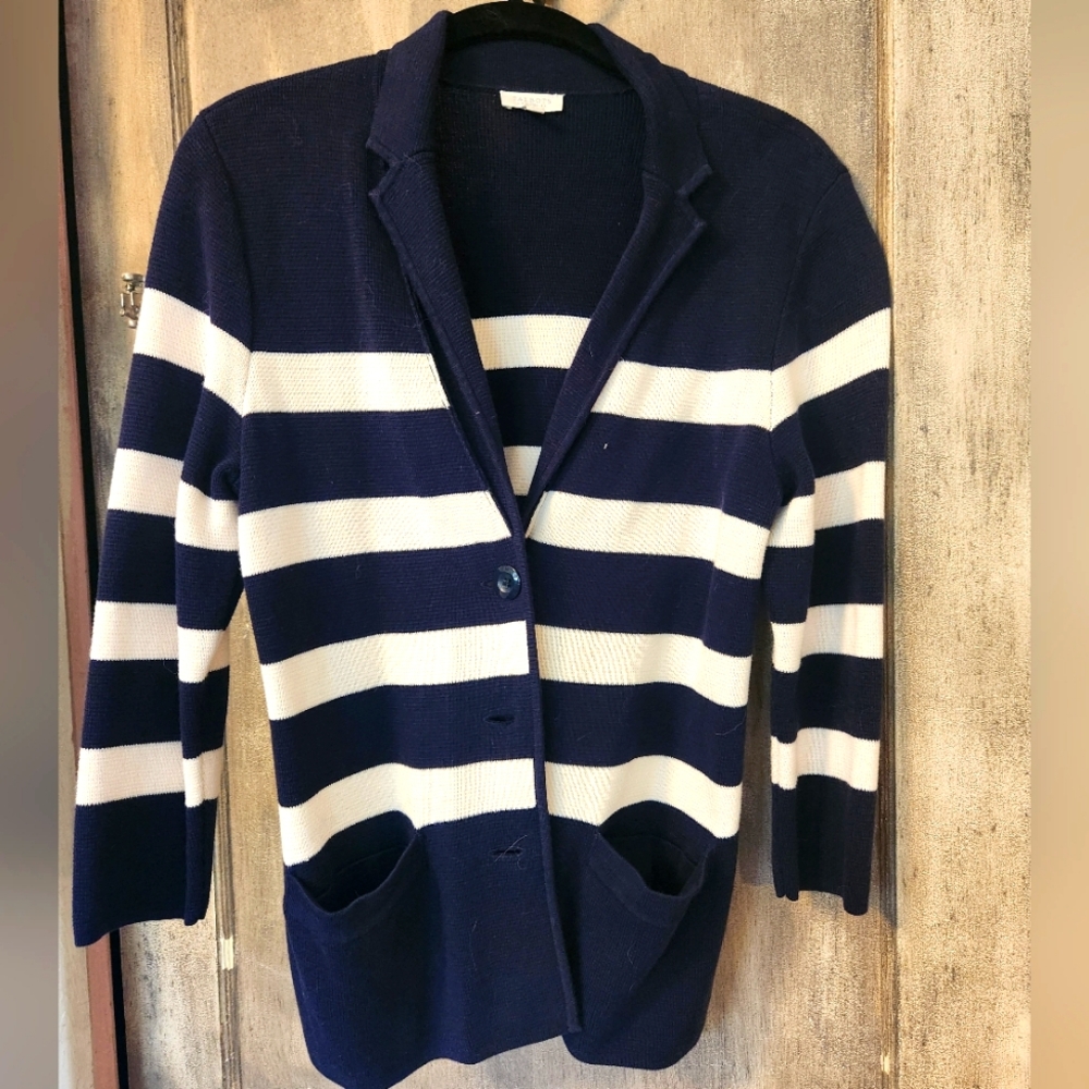 Talbots Navy & White Striped Knit Blazer